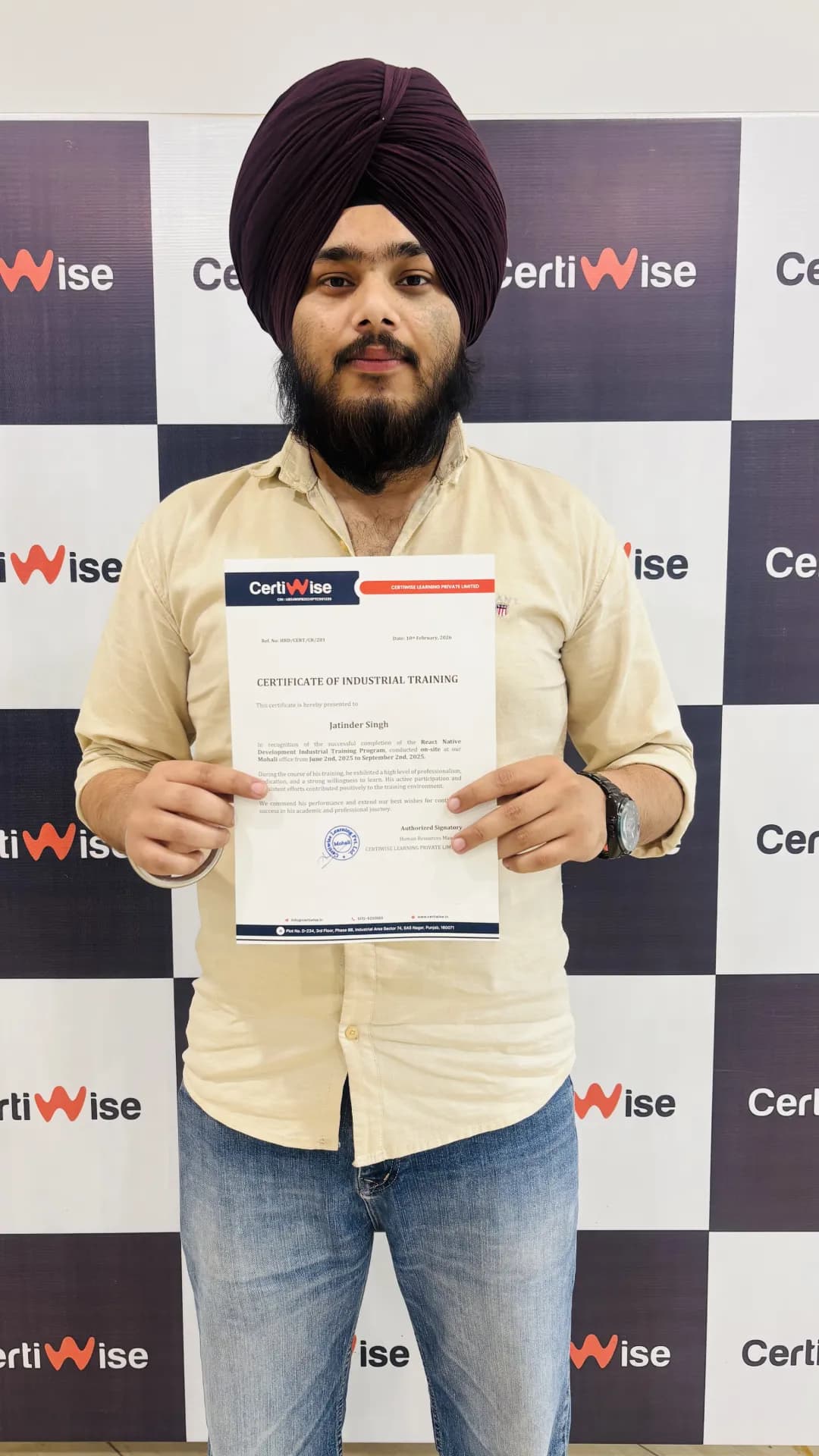 Student receiving certificate at Certiwise Mohali